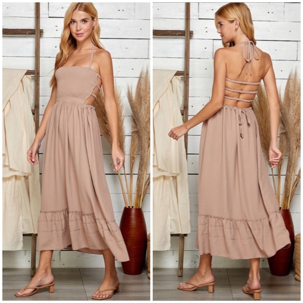 SOLD OUT Nude Bohemian Solid Smocked Open Strappy Back Ruffle Hem Halter Dress - Picture 1 of 5